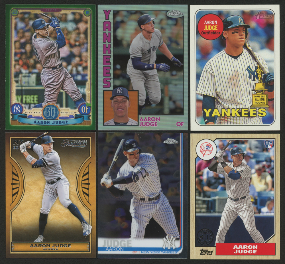 Lot of (6) Aaron Judge Assorted Baseball Cards with 2018 Topps Heritage #25, 2019 Topps Chrome '84 Topps #84TC1, 2019 Topps Chrome #100, 2019 Topps Gypsy Queen #300