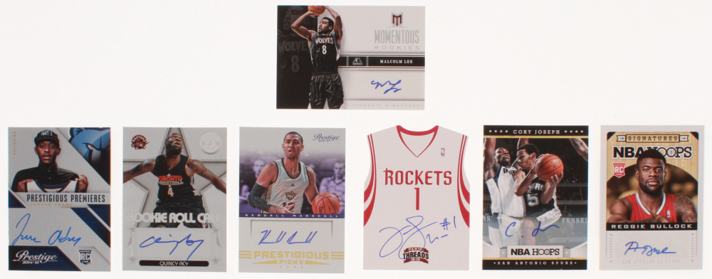 Lot of (7) Basketball Cards with 2012-13 Panini Threads Rookie Team Threads Autographs #20 Jeremy Lamb, 2012-13 Hoops Autographs #248 Cory Joseph, 2012-13 Totally Certified Rookie Roll Call Autographs #71 Quincy Acy