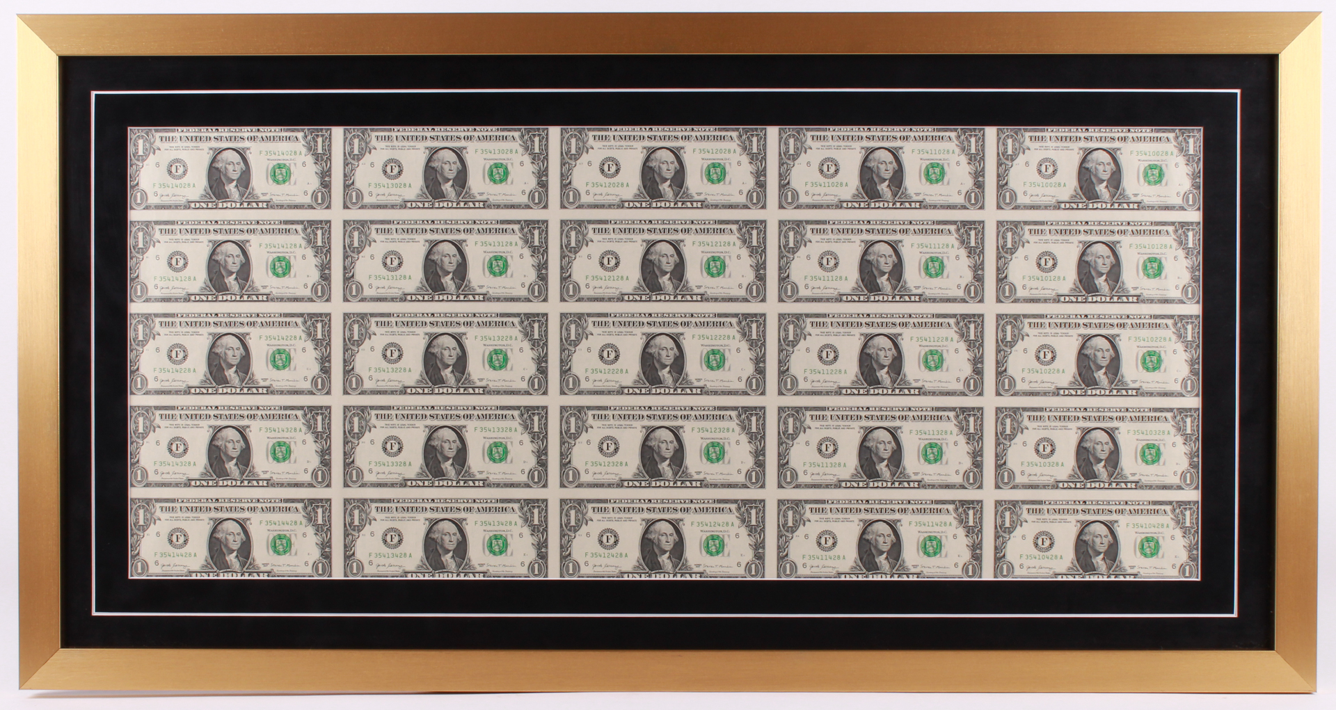 Uncut Sheets of (25) 2017 $1 One-Dollar Green Seal U.S. Federal Reserve Note Bills 19x36.5 Custom Framed Display at PristineAuction.com Uncut Sheets of (25) 2017 $1 One-Dollar Green Seal U.S. Federal Reserve Note Bills 19x36.5 Custom Framed Display at PristineAuction.com