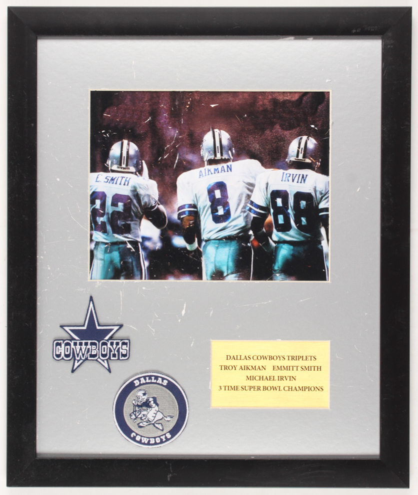Emmitt Smith, Troy Aikman, & Michael Irvin Dallas Cowboys 16x19 Custom Framed Photo with (2) Patches (Imperfect) at PristineAuction.com Emmitt Smith, Troy Aikman, & Michael Irvin Dallas Cowboys 16x19 Custom Framed Photo with (2) Patches (Imperfect) at PristineAuction.com