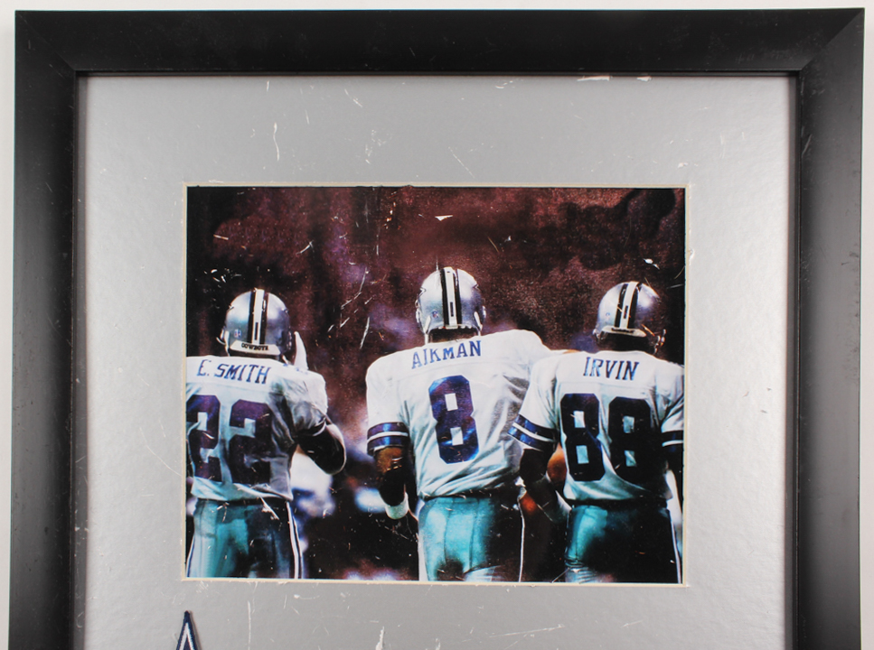 Emmitt Smith, Troy Aikman, & Michael Irvin Dallas Cowboys 16x19 Custom Framed Photo with (2) Patches (Imperfect) at PristineAuction.com Emmitt Smith, Troy Aikman, & Michael Irvin Dallas Cowboys 16x19 Custom Framed Photo with (2) Patches (Imperfect) at PristineAuction.com