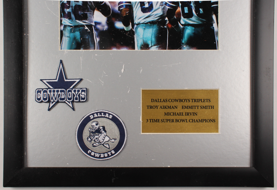 Emmitt Smith, Troy Aikman, & Michael Irvin Dallas Cowboys 16x19 Custom Framed Photo with (2) Patches (Imperfect) at PristineAuction.com Emmitt Smith, Troy Aikman, & Michael Irvin Dallas Cowboys 16x19 Custom Framed Photo with (2) Patches (Imperfect) at PristineAuction.com