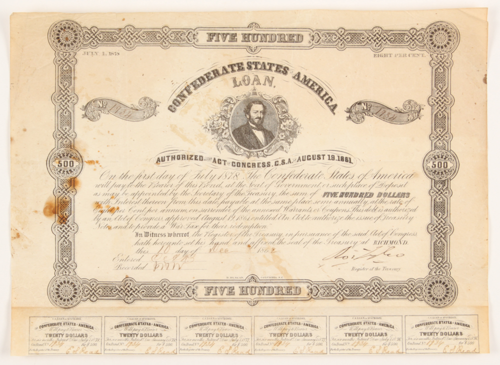 Authentic 1862 Confederate States of America $500 Five Hundred Dollar Bank Loan Note at PristineAuction.com Authentic 1862 Confederate States of America $500 Five Hundred Dollar Bank Loan Note at PristineAuction.com