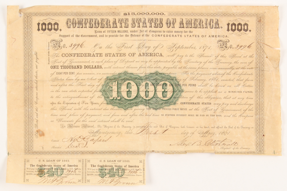 Authentic 1862 Confederate States of America $1000 One Thousand Dollar Bank Loan Note at PristineAuction.com Authentic 1862 Confederate States of America $1000 One Thousand Dollar Bank Loan Note at PristineAuction.com