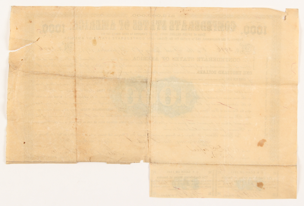 Authentic 1862 Confederate States of America $1000 One Thousand Dollar Bank Loan Note at PristineAuction.com Authentic 1862 Confederate States of America $1000 One Thousand Dollar Bank Loan Note at PristineAuction.com