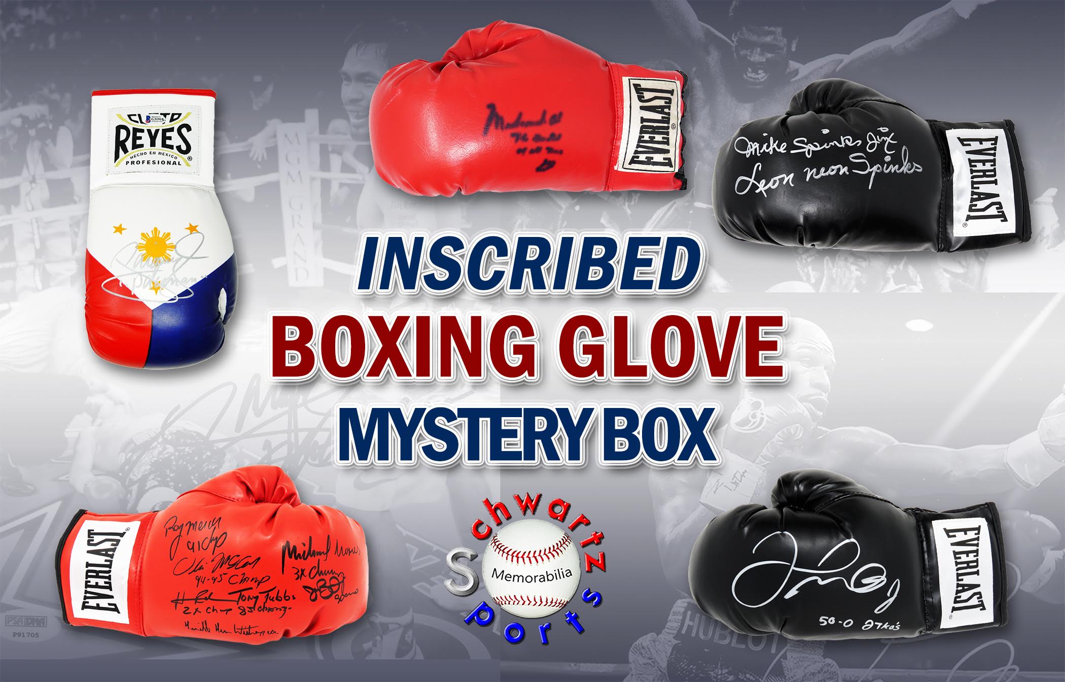 Schwartz Sports Boxing Superstar Signed & Inscribed Mystery Boxing Glove - Series 2 (Limited to 150) *Muhammad Ali Glove – Grand Prize* at PristineAuction.com Schwartz Sports Boxing Superstar Signed & Inscribed Mystery Boxing Glove - Series 2 (Limited to 150) *Muhammad Ali Glove – Grand Prize* at PristineAuction.com