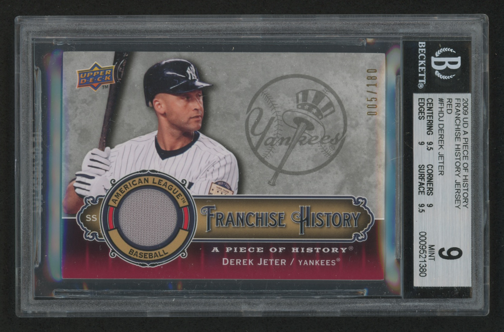 2009 UD A Piece of History Franchise History Jersey Red #FHDJ Derek Jeter (BGS 9) at PristineAuction.com 2009 UD A Piece of History Franchise History Jersey Red #FHDJ Derek Jeter (BGS 9) at PristineAuction.com