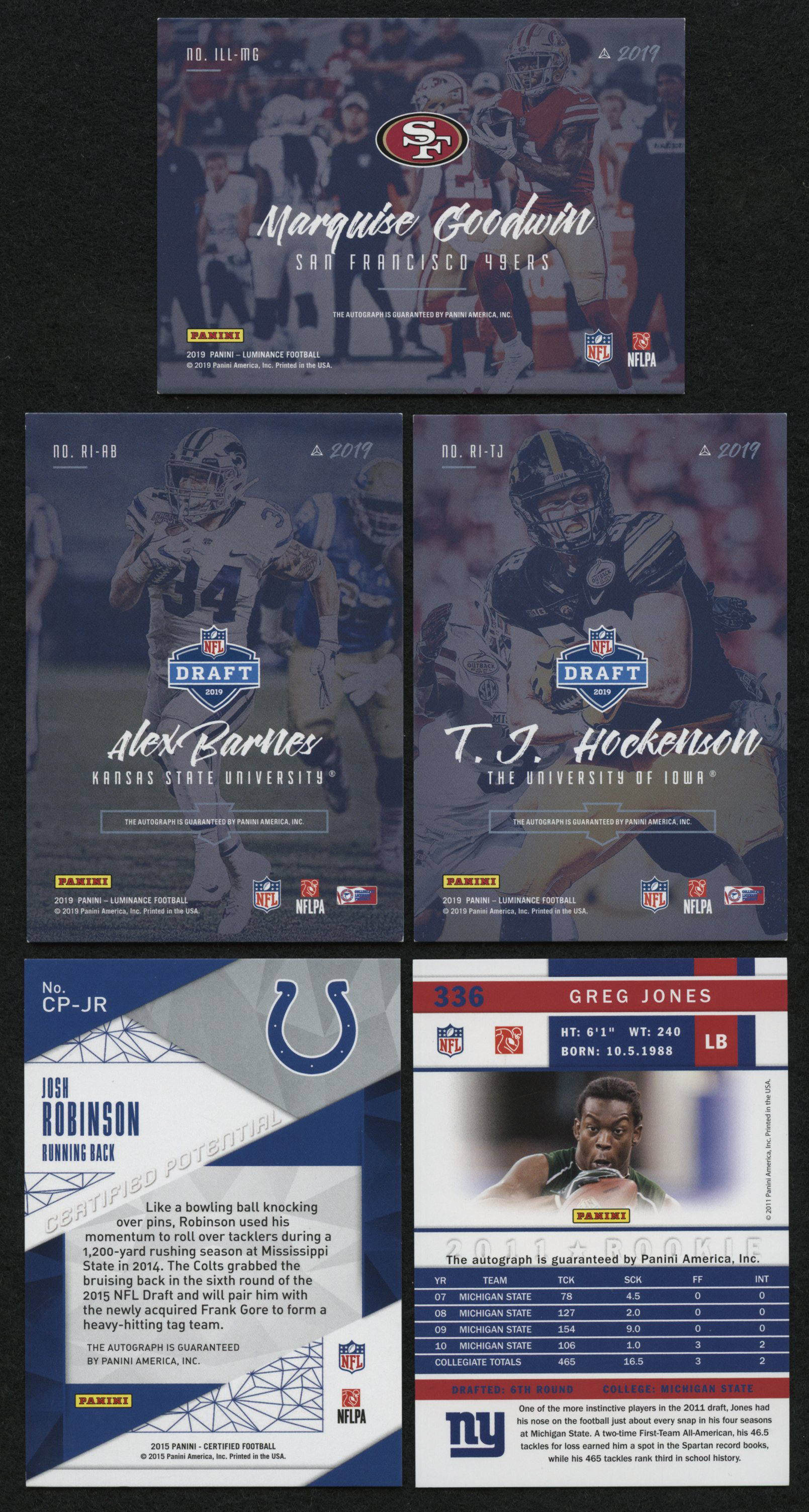 Lot of (5) Autograph Football Cards with 2019 Panini Luminance Rookie Ink Red #52 T.J. Hockenson, 2019 Panini Luminance Illuminated Ink #10 Marquise Goodwin, 2011 Score Signatures #336 Greg Jones at PristineAuction.com Lot of (5) Autograph Football Cards with 2019 Panini Luminance Rookie Ink Red #52 T.J. Hockenson, 2019 Panini Luminance Illuminated Ink #10 Marquise Goodwin, 2011 Score Signatures #336 Greg Jones at PristineAuction.com