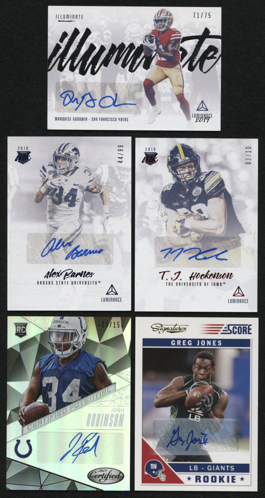Lot of (5) Autograph Football Cards with 2019 Panini Luminance Rookie Ink Red #52 T.J. Hockenson, 2019 Panini Luminance Illuminated Ink #10 Marquise Goodwin, 2011 Score Signatures #336 Greg Jones