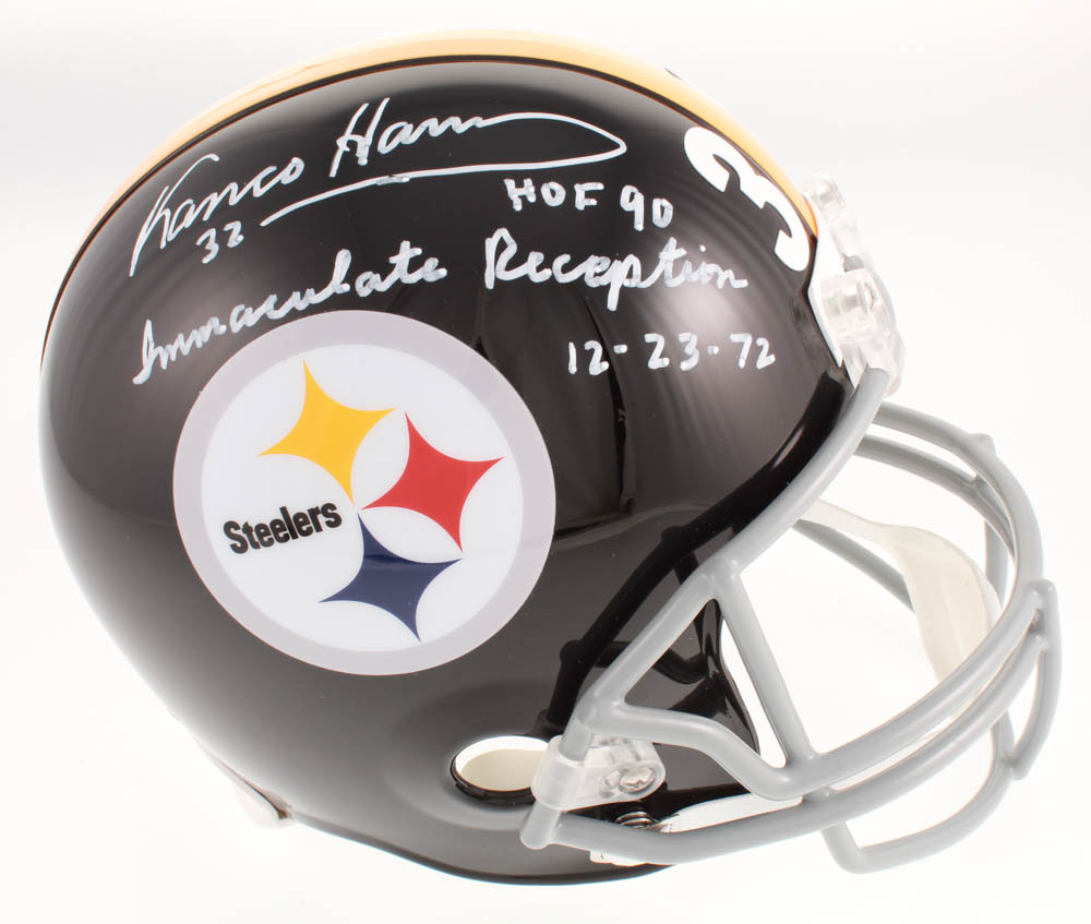 Franco Harris Signed Pittsburgh Steelers Full-Size Throwback Helmet Inscribed "HOF 90" & "Immaculate Reception 12-23-72" (TSE COA) at PristineAuction.com Franco Harris Signed Pittsburgh Steelers Full-Size Throwback Helmet Inscribed "HOF 90" & "Immaculate Reception 12-23-72" (TSE COA) at PristineAuction.com