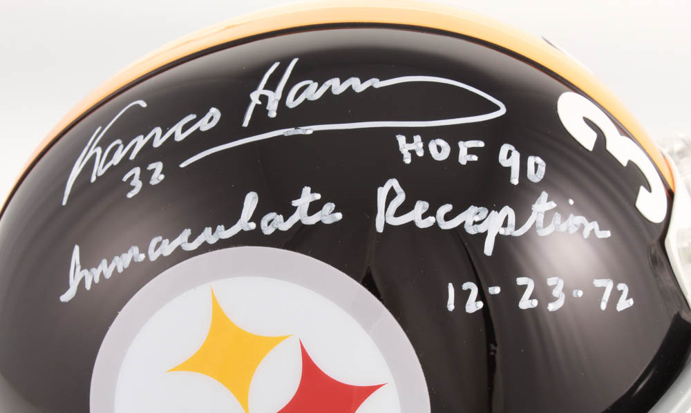 Franco Harris Signed Pittsburgh Steelers Full-Size Throwback Helmet Inscribed "HOF 90" & "Immaculate Reception 12-23-72" (TSE COA) at PristineAuction.com Franco Harris Signed Pittsburgh Steelers Full-Size Throwback Helmet Inscribed "HOF 90" & "Immaculate Reception 12-23-72" (TSE COA) at PristineAuction.com