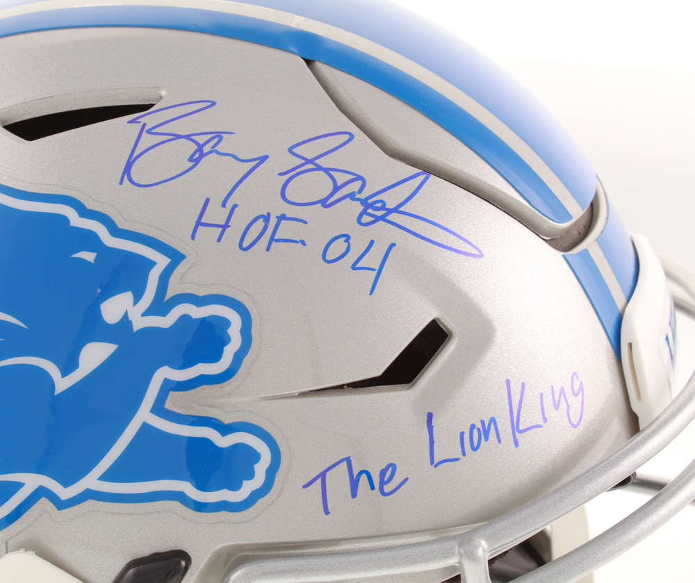 Barry Sanders Signed Detroit Lions Full-Size Authentic On-Field SpeedFlex Helmet Inscribed "The Lion King" & "HOF 04" (Schwartz COA) at PristineAuction.com Barry Sanders Signed Detroit Lions Full-Size Authentic On-Field SpeedFlex Helmet Inscribed "The Lion King" & "HOF 04" (Schwartz COA) at PristineAuction.com