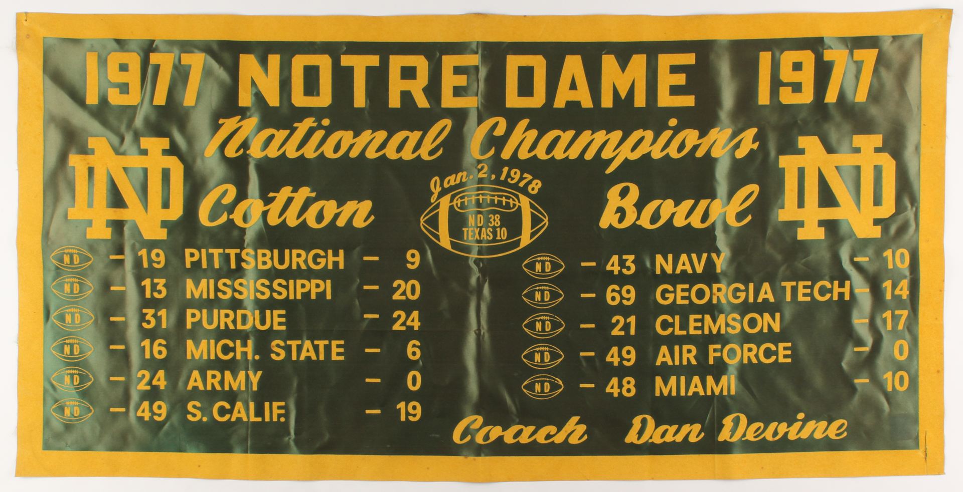 Notre Dame Fighting Irish 1977 National Champions 18x35.5 1977 Banner at PristineAuction.com Notre Dame Fighting Irish 1977 National Champions 18x35.5 1977 Banner at PristineAuction.com