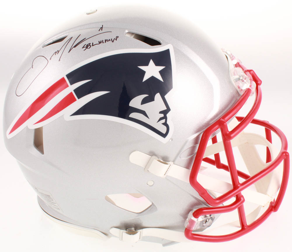 Julian Edelman Signed New England Patriots Full-Size Authentic On-Field Speed Helmet Inscribed "SB LIII MVP" (Beckett COA) at PristineAuction.com Julian Edelman Signed New England Patriots Full-Size Authentic On-Field Speed Helmet Inscribed "SB LIII MVP" (Beckett COA) at PristineAuction.com