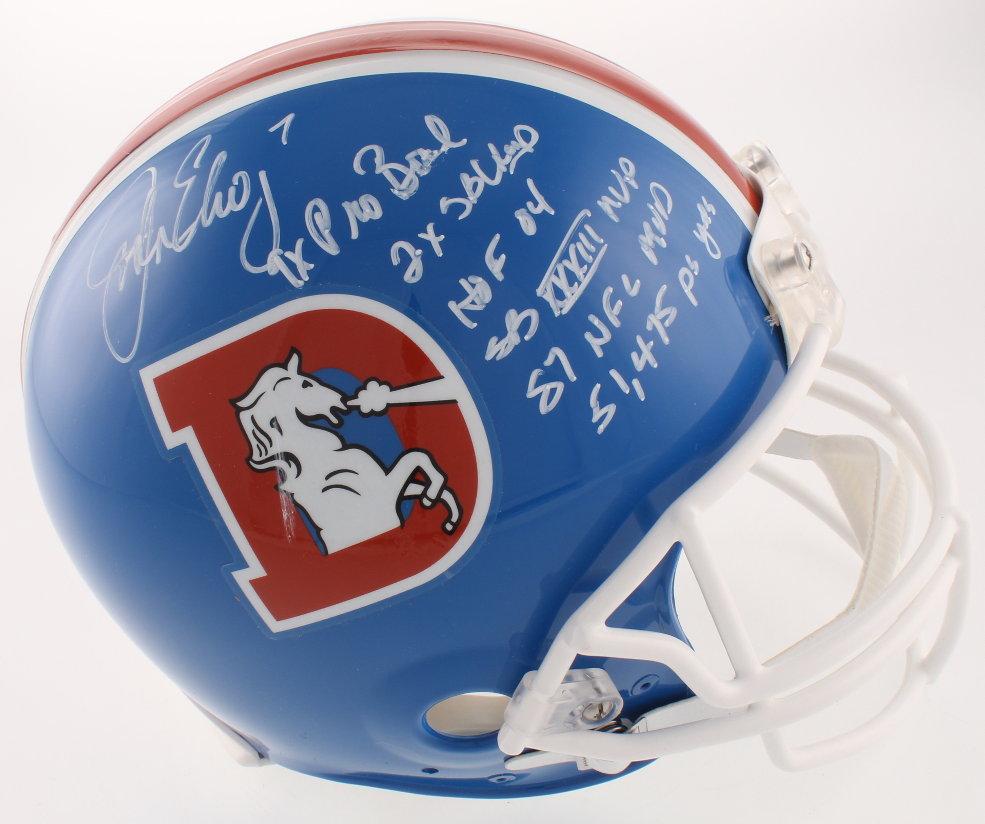 John Elway Signed Denver Broncos Throwback Full-Size Authentic On-Field Helmet with (6) Inscriptions (Beckett COA) at PristineAuction.com John Elway Signed Denver Broncos Throwback Full-Size Authentic On-Field Helmet with (6) Inscriptions (Beckett COA) at PristineAuction.com