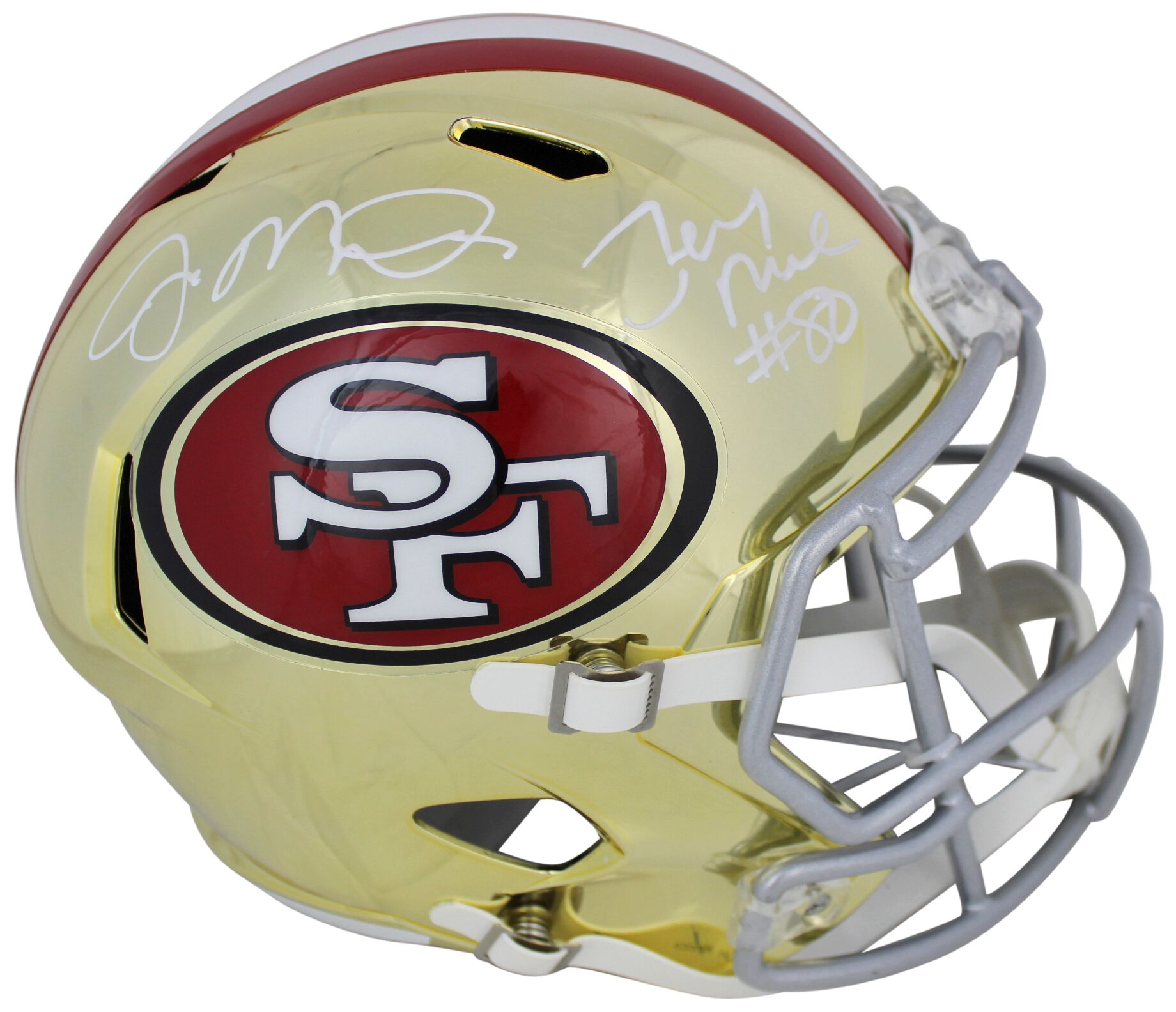 Joe Montana & Jerry Rice Signed San Francisco 49ers Chrome Speed Full-Size Helmet (Beckett COA) at PristineAuction.com Joe Montana & Jerry Rice Signed San Francisco 49ers Chrome Speed Full-Size Helmet (Beckett COA) at PristineAuction.com