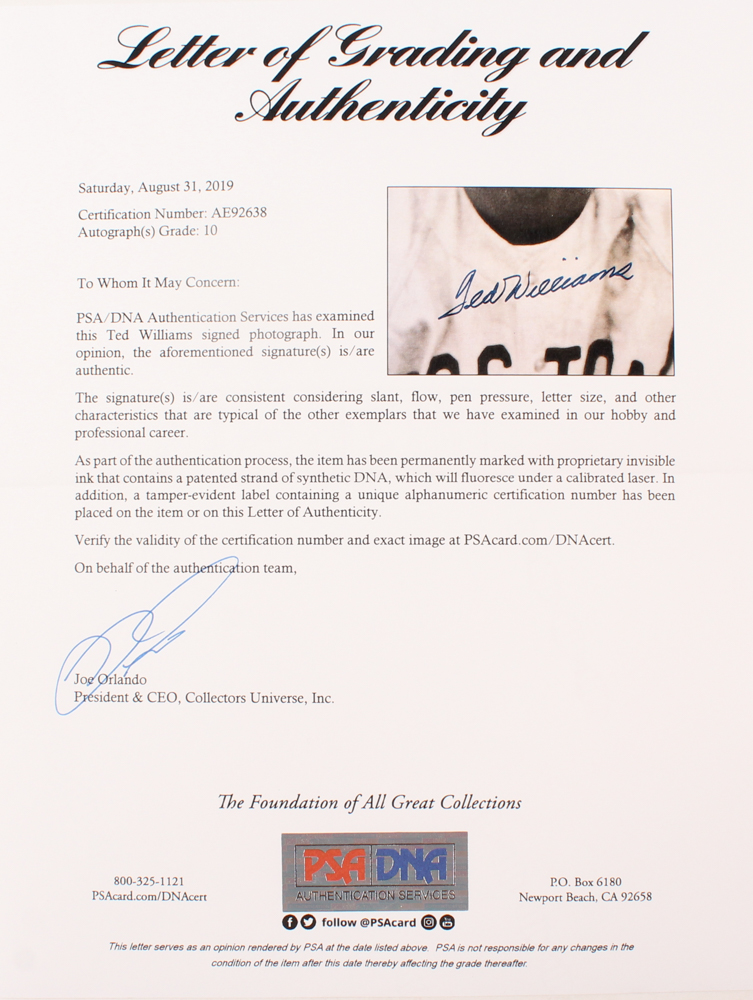 Ted Williams Signed Boston Red Sox 21x25 Custom Framed Photo Display with Williams Pin (PSA LOA & Ted Williams Hologram) at PristineAuction.com Ted Williams Signed Boston Red Sox 21x25 Custom Framed Photo Display with Williams Pin (PSA LOA & Ted Williams Hologram) at PristineAuction.com