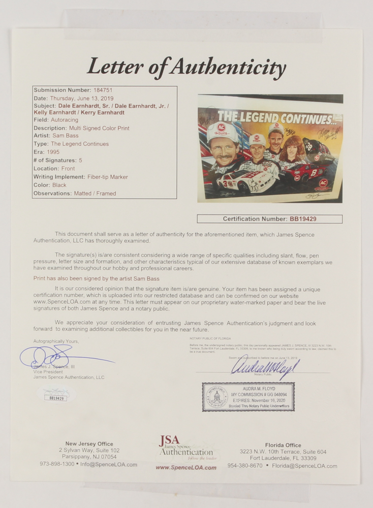 Dale Earnhardt, Dale Earnhardt Jr., Kelly Earnhardt, & Kerry Earnhardt Signed "The Legend Continues" 22x31 Custom Framed Print Display (JSA LOA) at PristineAuction.com Dale Earnhardt, Dale Earnhardt Jr., Kelly Earnhardt, & Kerry Earnhardt Signed "The Legend Continues" 22x31 Custom Framed Print Display (JSA LOA) at PristineAuction.com