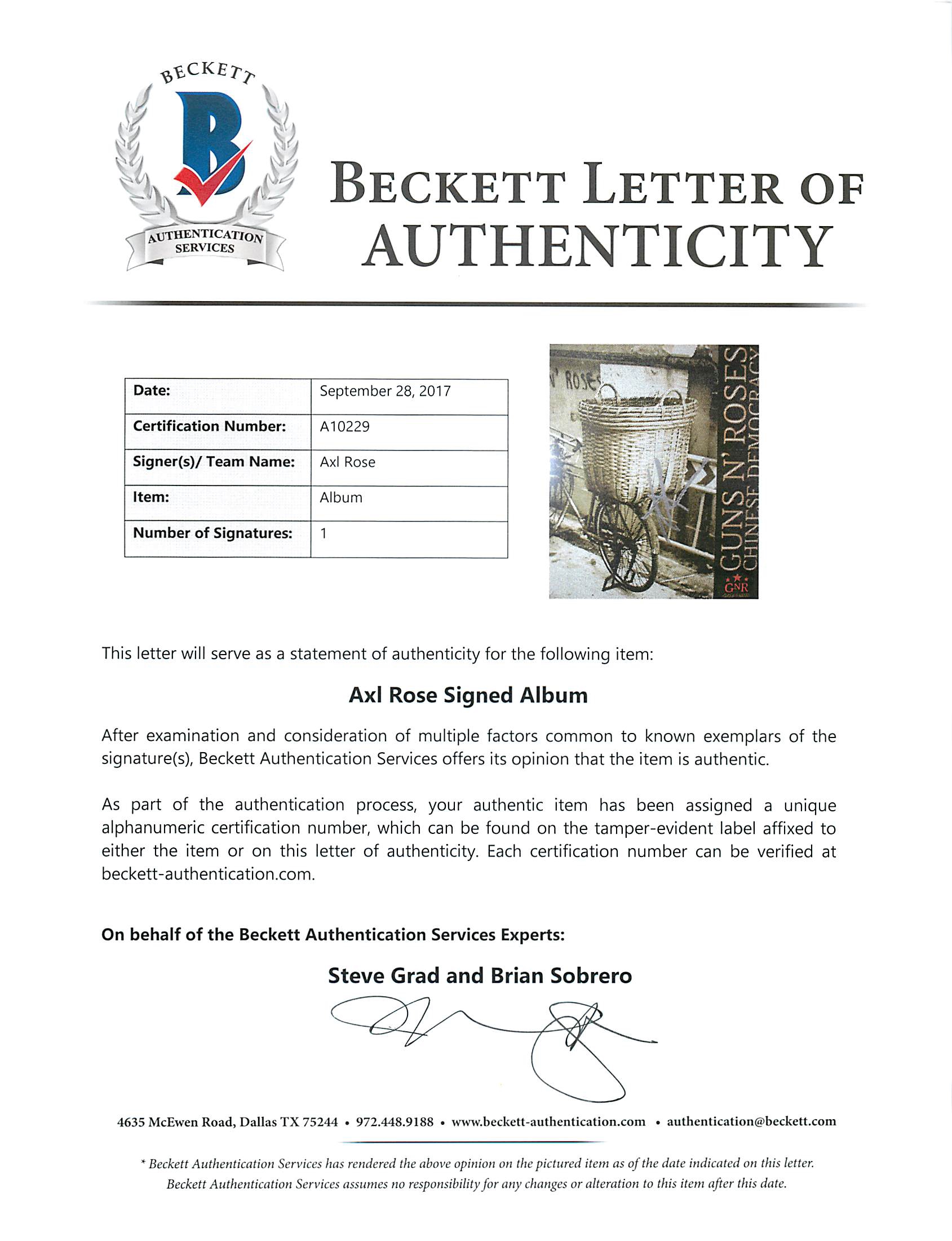 Axl Rose Signed Guns N' Roses "Chinese Democracy" Vinyl Record Album (Beckett LOA) at PristineAuction.com Axl Rose Signed Guns N' Roses "Chinese Democracy" Vinyl Record Album (Beckett LOA) at PristineAuction.com