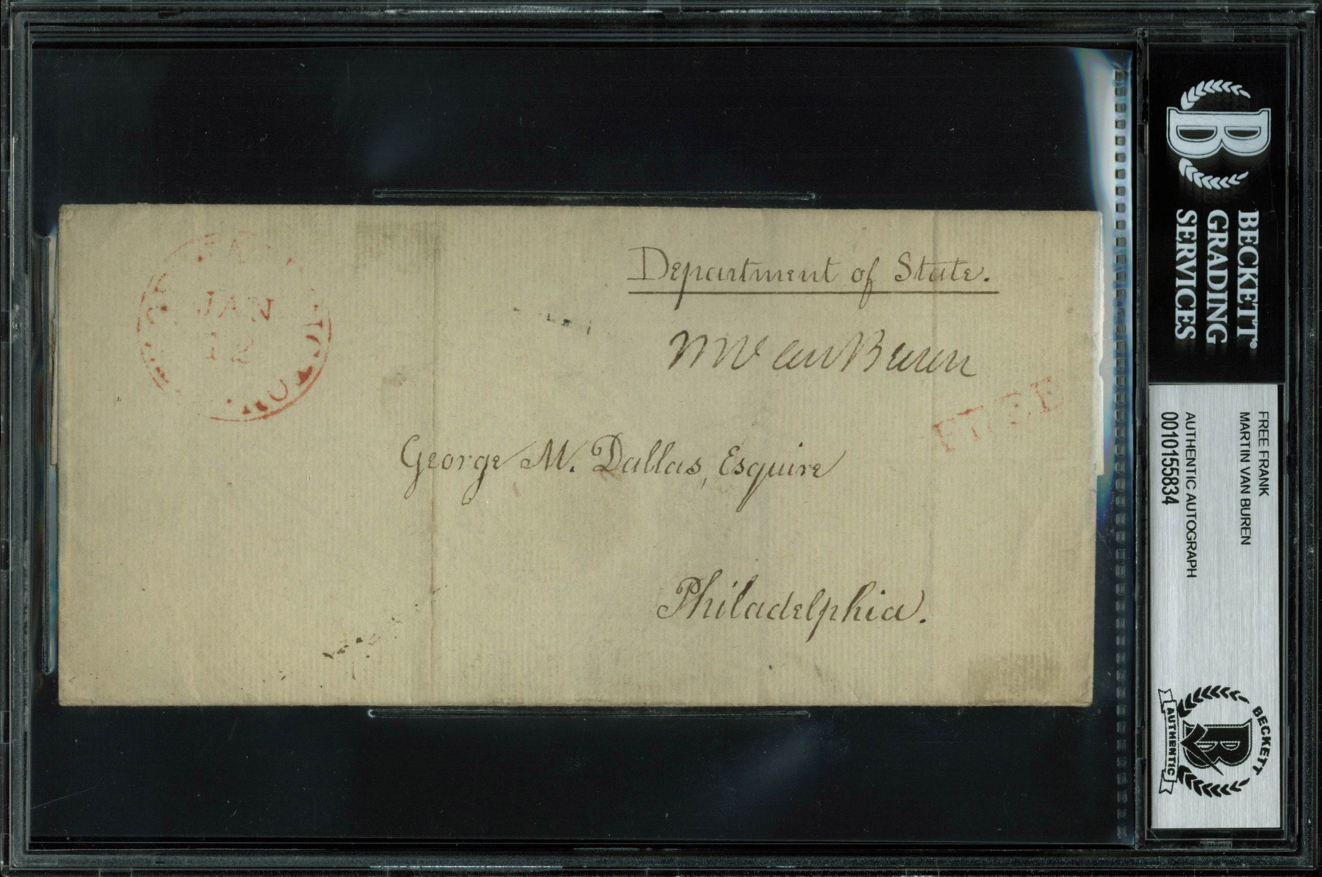 Martin Van Buren Signed 1830 Department of State 5x7 Free Frank Envelope (BAS Encapsulated) at PristineAuction.com Martin Van Buren Signed 1830 Department of State 5x7 Free Frank Envelope (BAS Encapsulated) at PristineAuction.com