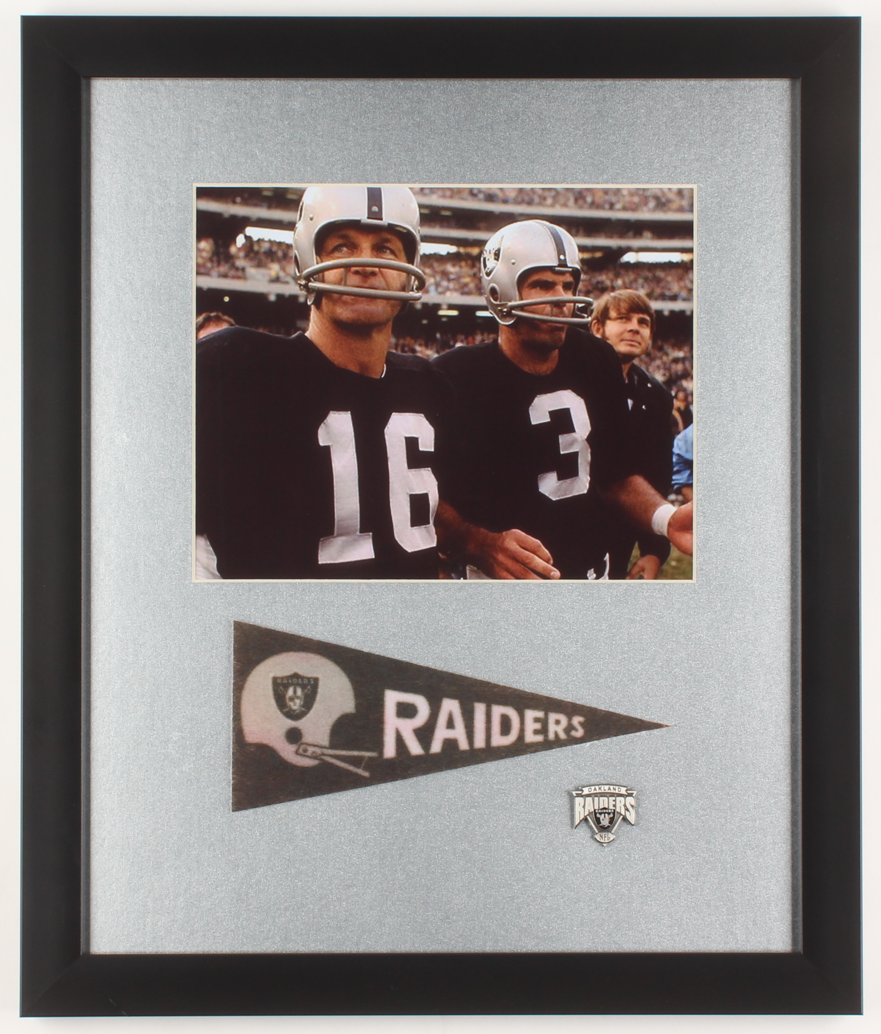 George Blanda, Daryle Lamonica, & Ken Stabler Oakland Raiders 16x19 Custom Framed Photo Display with Vintage Mini Pennant & Pin at PristineAuction.com George Blanda, Daryle Lamonica, & Ken Stabler Oakland Raiders 16x19 Custom Framed Photo Display with Vintage Mini Pennant & Pin at PristineAuction.com