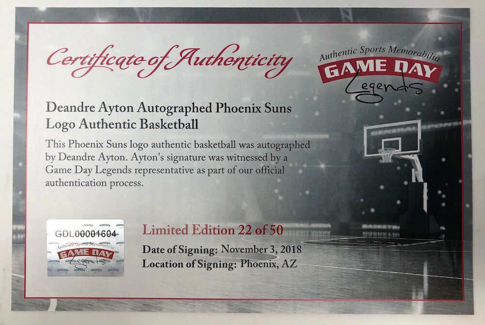 Deandre Ayton Signed Phoenix Suns Logo LE Basketball (Game Day Legends COA & Steiner Hologram) at PristineAuction.com Deandre Ayton Signed Phoenix Suns Logo LE Basketball (Game Day Legends COA & Steiner Hologram) at PristineAuction.com