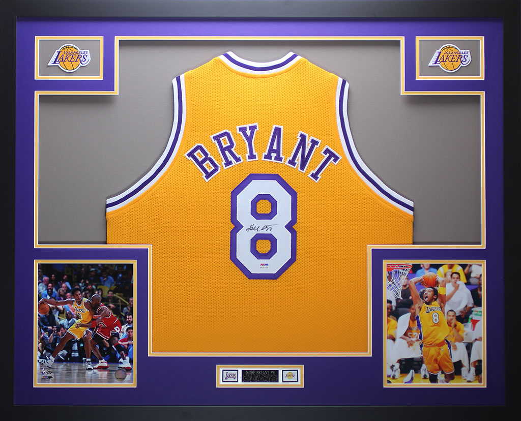 Kobe Bryant Signed 35x43 Custom Framed Throwback Jersey (PSA COA) at PristineAuction.com Kobe Bryant Signed 35x43 Custom Framed Throwback Jersey (PSA COA) at PristineAuction.com