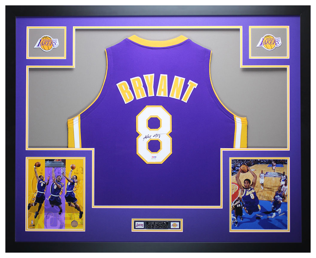 Kobe Bryant Signed 35x43 Custom Framed Throwback Jersey (PSA COA) at PristineAuction.com Kobe Bryant Signed 35x43 Custom Framed Throwback Jersey (PSA COA) at PristineAuction.com