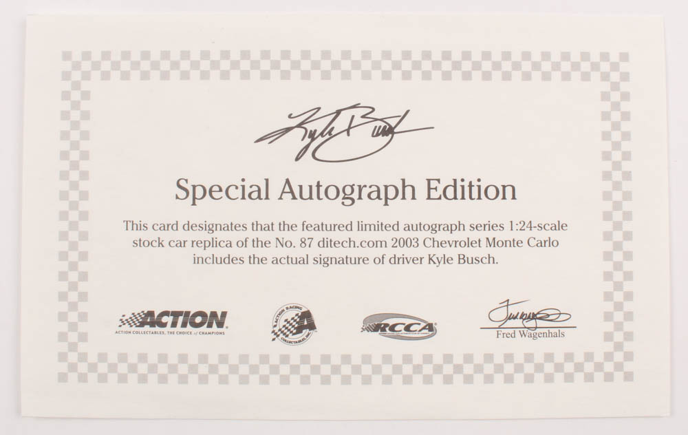 Kyle Busch Signed LE #87 ditech.com / Autographed 2003 Monte Carlo 1:24 Scale Die Cast Car (RCCA COA) at PristineAuction.com Kyle Busch Signed LE #87 ditech.com / Autographed 2003 Monte Carlo 1:24 Scale Die Cast Car (RCCA COA) at PristineAuction.com
