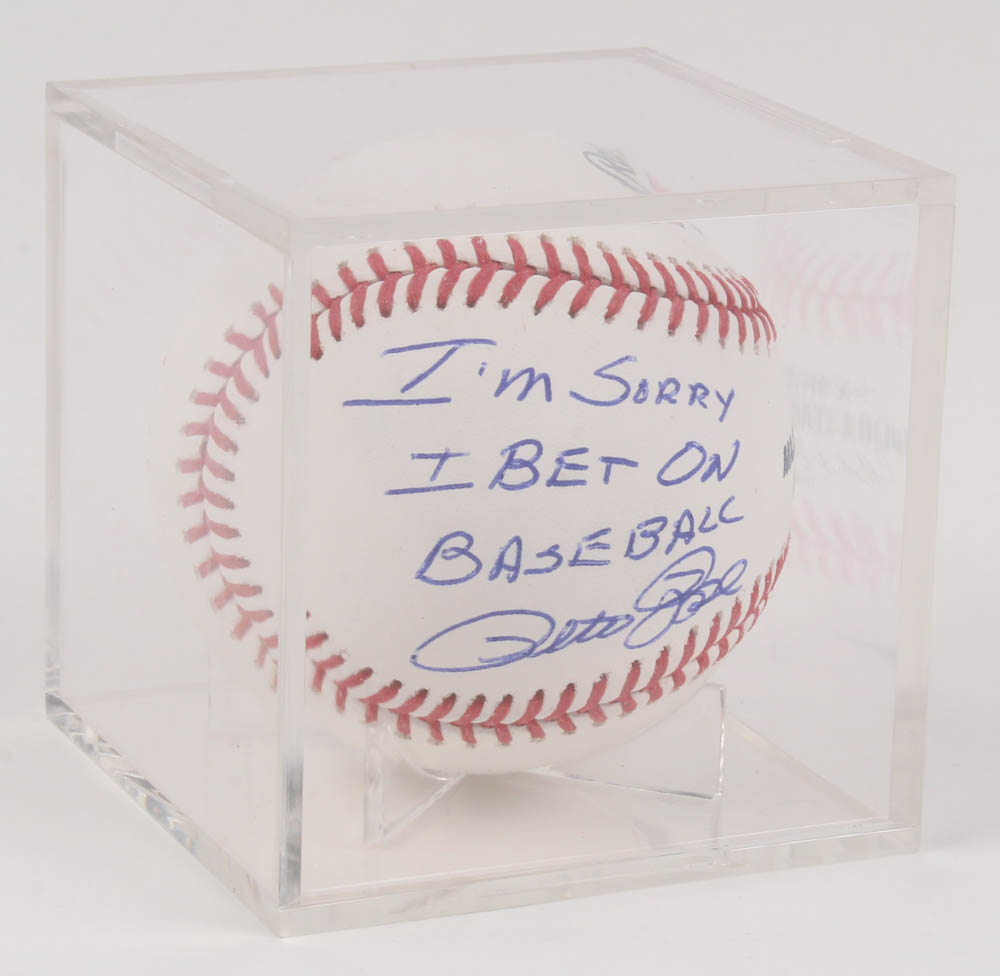 Pete Rose Signed OML Baseball with Display Case Inscribed "I'm Sorry I Bet On Baseball" (PSA COA) at PristineAuction.com Pete Rose Signed OML Baseball with Display Case Inscribed "I'm Sorry I Bet On Baseball" (PSA COA) at PristineAuction.com