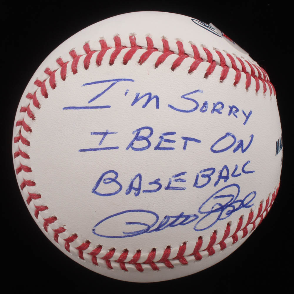 Pete Rose Signed OML Baseball with Display Case Inscribed "I'm Sorry I Bet On Baseball" (PSA COA) at PristineAuction.com Pete Rose Signed OML Baseball with Display Case Inscribed "I'm Sorry I Bet On Baseball" (PSA COA) at PristineAuction.com