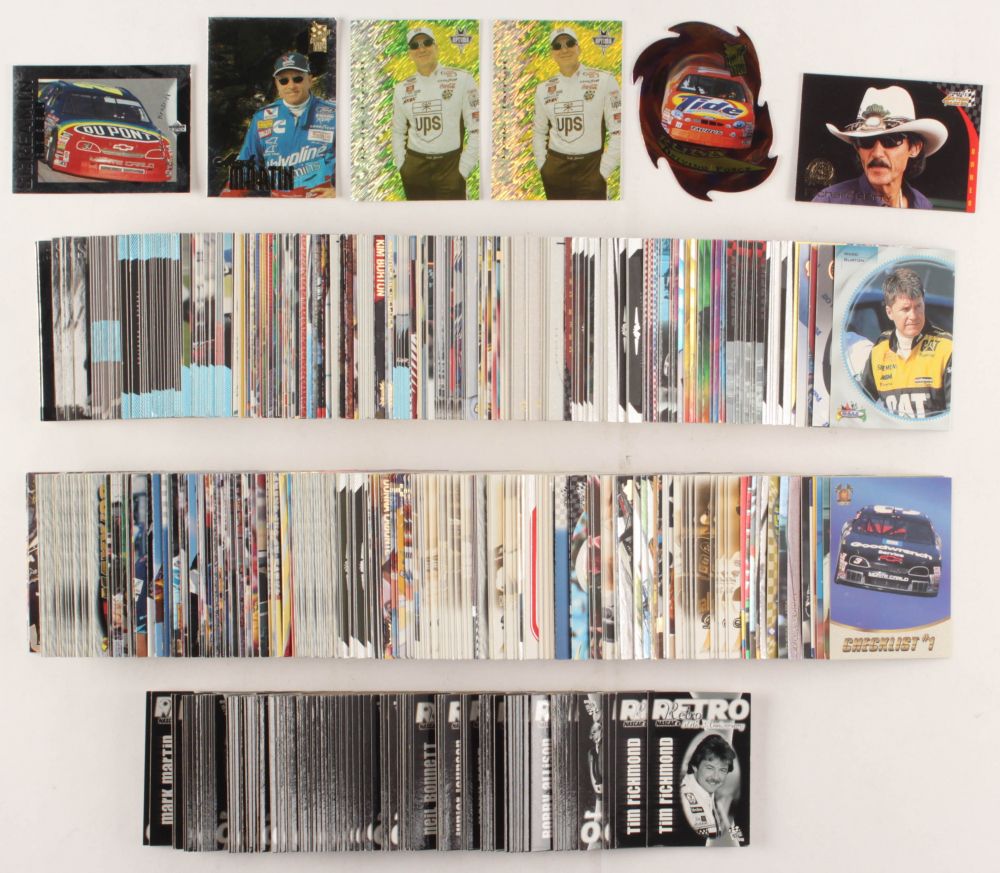 Lot of (600+) Assorted NASCAR Cards with 2001 Press Pass Optima On the Edge #OE4 Dale Jarrett, 1996 Upper Deck Road To The Cup #RC51 Jeff Gordon's Car, 1999 VIP Explosives #X16 Mark Martin, 1996 Action Packed Credentials #78 Richard Petty