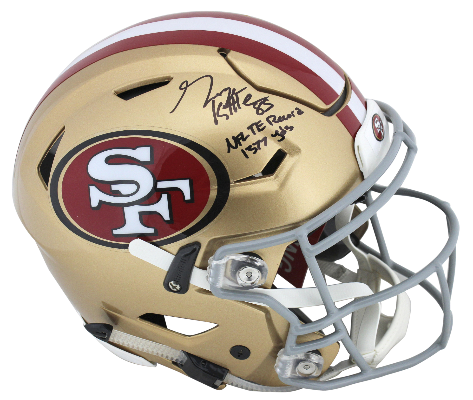 George Kittle Signed San Francisco 49ers Full-Size Authentic On-Field SpeedFlex Helmet Inscribed "NFL TE Record 1,377 Yds" (Beckett COA) at PristineAuction.com George Kittle Signed San Francisco 49ers Full-Size Authentic On-Field SpeedFlex Helmet Inscribed "NFL TE Record 1,377 Yds" (Beckett COA) at PristineAuction.com