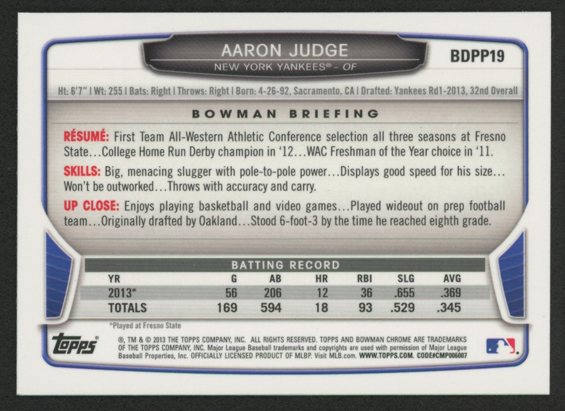 2013 Bowman Chrome Draft Draft Picks #BDPP19 Aaron Judge RC at PristineAuction.com 2013 Bowman Chrome Draft Draft Picks #BDPP19 Aaron Judge RC at PristineAuction.com