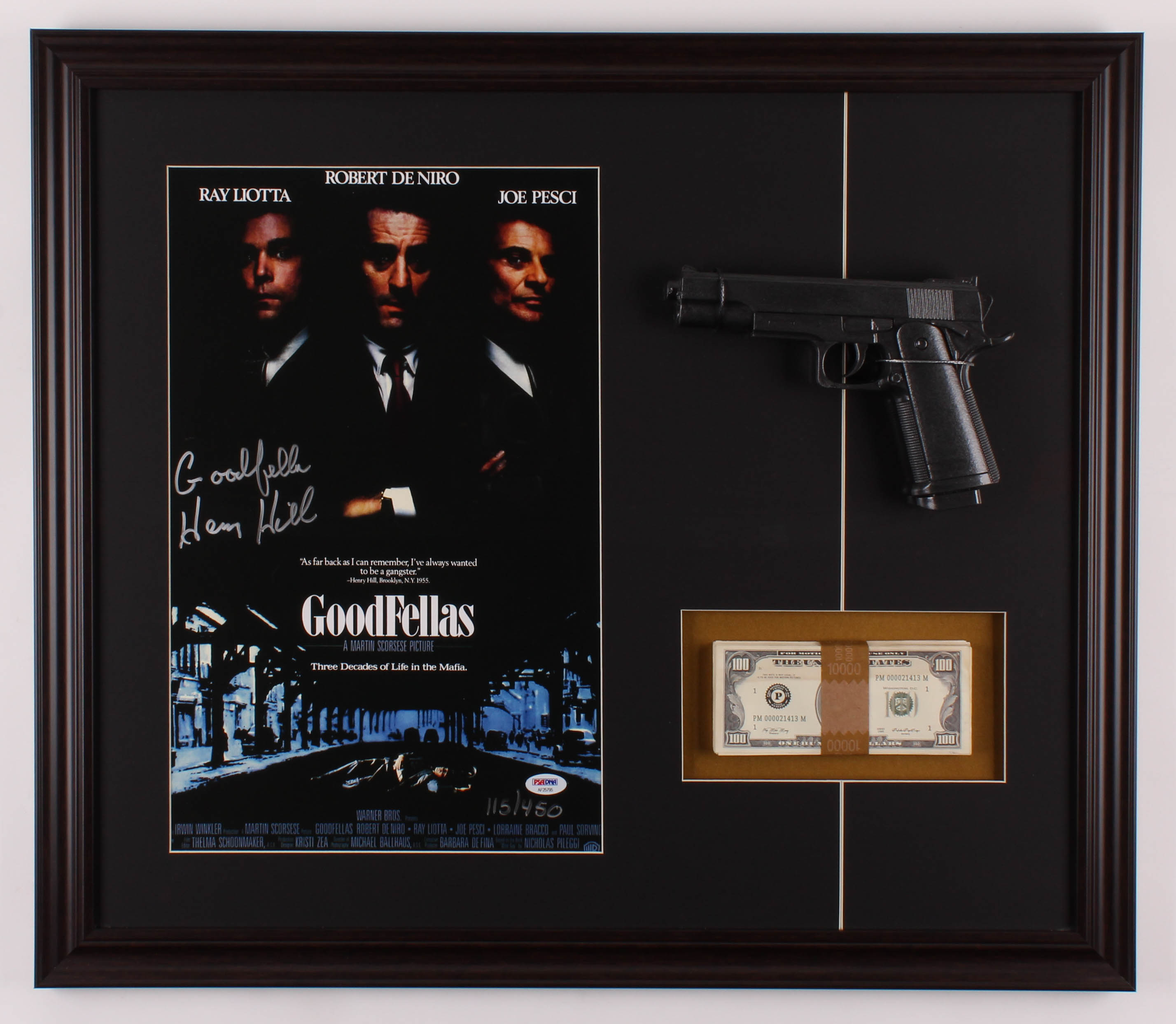 Henry Hill Signed LE "Goodfellas" 23x26.5 Custom Framed Photo Display with Replica Gun & Prop Money Inscribed "Goodfella" (PSA COA) at PristineAuction.com Henry Hill Signed LE "Goodfellas" 23x26.5 Custom Framed Photo Display with Replica Gun & Prop Money Inscribed "Goodfella" (PSA COA) at PristineAuction.com