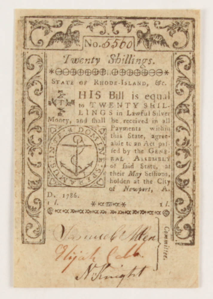1786 Twenty Shillings Rhode-Island Colonial Currency Note at PristineAuction.com 1786 Twenty Shillings Rhode-Island Colonial Currency Note at PristineAuction.com