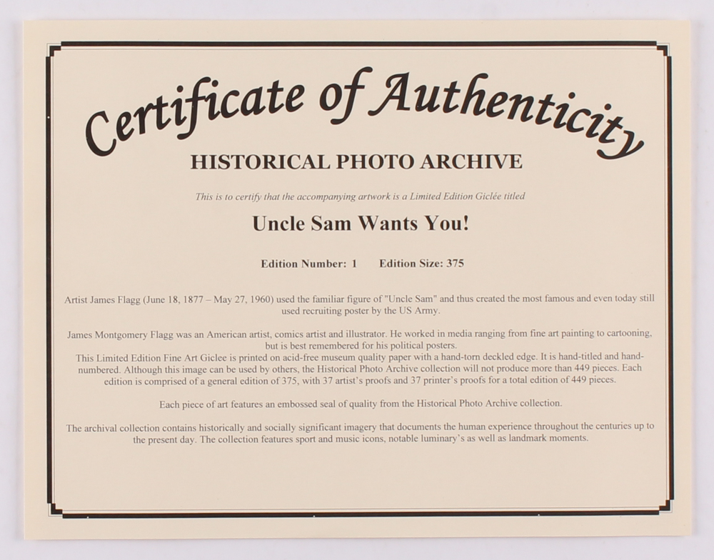 Historical Photo Archive - "Uncle Sam Wants You" Limited Edition 16.5x22 Fine Art Giclee on Paper #/375 (PA LOA) at PristineAuction.com Historical Photo Archive - "Uncle Sam Wants You" Limited Edition 16.5x22 Fine Art Giclee on Paper #/375 (PA LOA) at PristineAuction.com