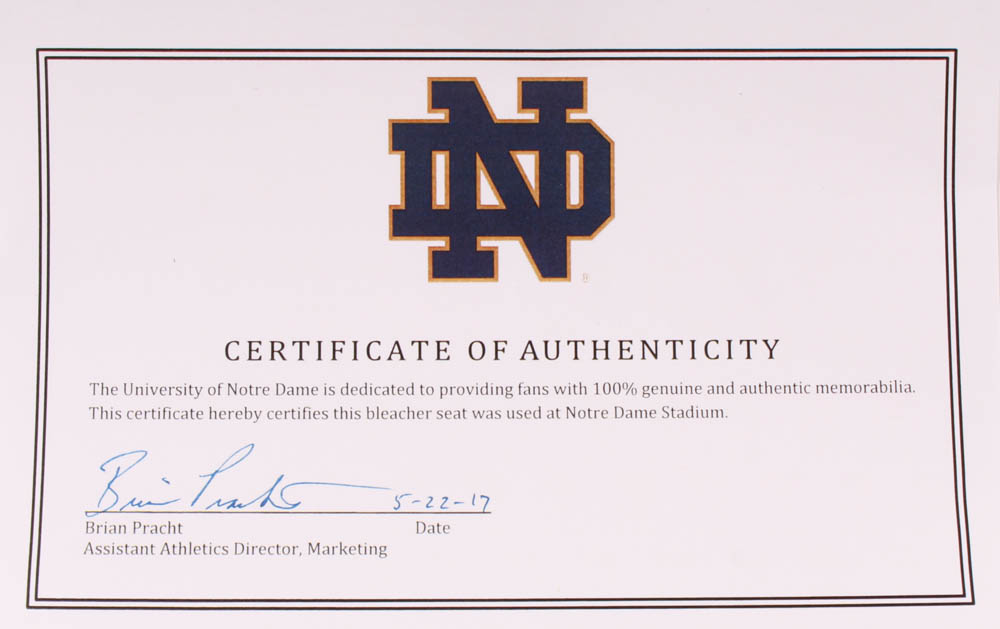 Notre Dame Fighting Irish - Notre Dame Stadium Game-Used Bleacher Bench Slice with Display Case (University of Notre Dame COA) at PristineAuction.com Notre Dame Fighting Irish - Notre Dame Stadium Game-Used Bleacher Bench Slice with Display Case (University of Notre Dame COA) at PristineAuction.com