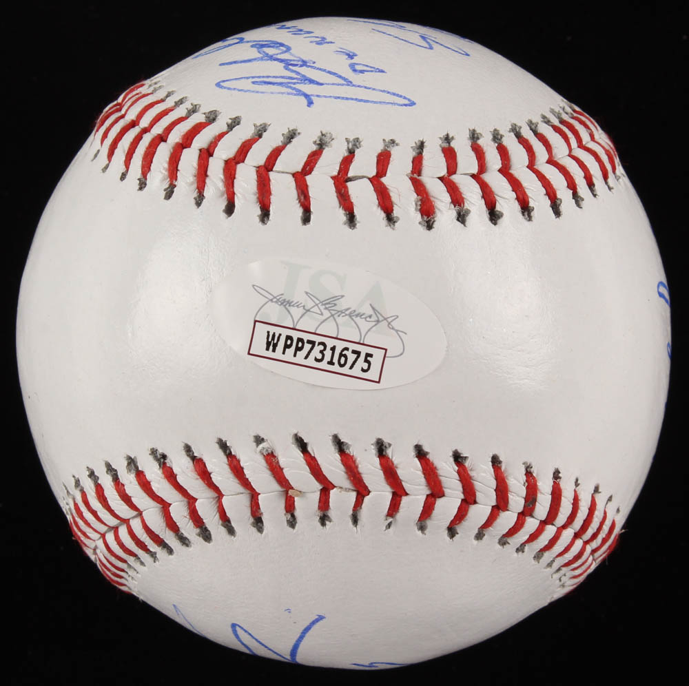 "The Sandlot" Logo Baseball Cast-Signed By (6) with Tom Guiry, Chauncey Leopardi, Marty York, Victor Di Mattia with Multiple Inscriptions (JSA COA) at PristineAuction.com "The Sandlot" Logo Baseball Cast-Signed By (6) with Tom Guiry, Chauncey Leopardi, Marty York, Victor Di Mattia with Multiple Inscriptions (JSA COA) at PristineAuction.com