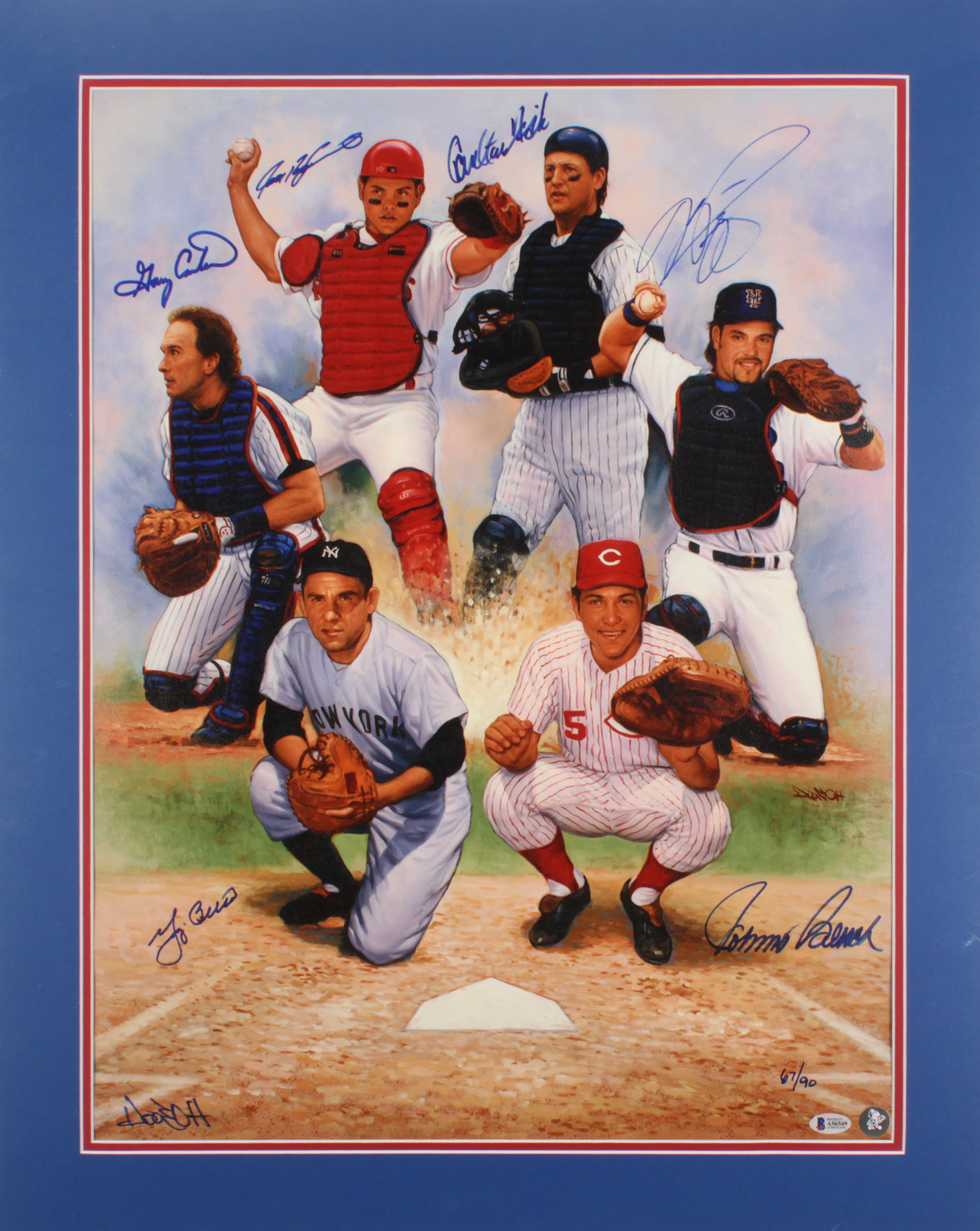 Hall of Fame Catchers LE 24x30 Custom Matted Canvas Signed by (6) with Yogi Berra, Gary Carter, Ivan Rodriguez, Carlton Fisk, Mike Piazza, & Johnny Bench (Beckett LOA) at PristineAuction.com Hall of Fame Catchers LE 24x30 Custom Matted Canvas Signed by (6) with Yogi Berra, Gary Carter, Ivan Rodriguez, Carlton Fisk, Mike Piazza, & Johnny Bench (Beckett LOA) at PristineAuction.com