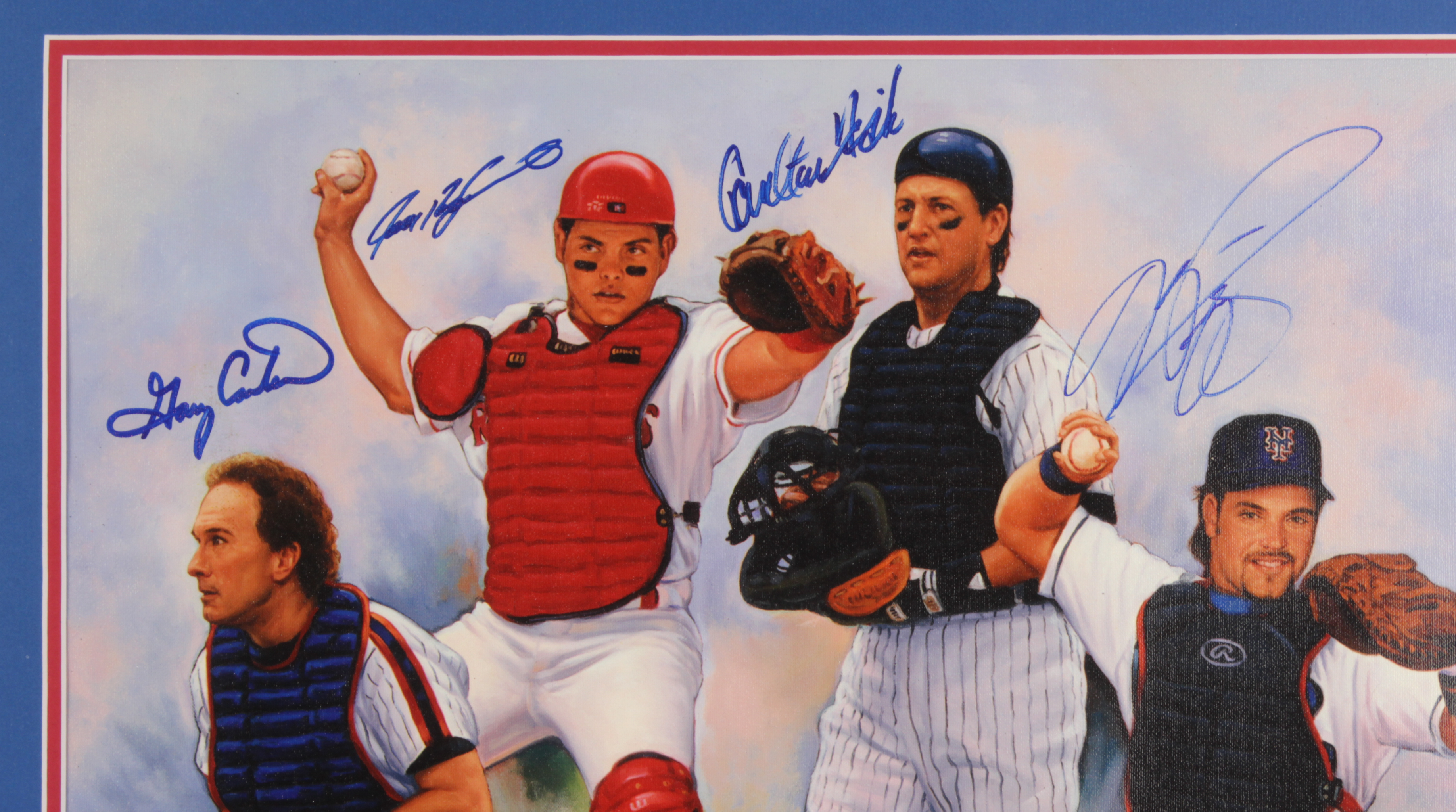 Hall of Fame Catchers LE 24x30 Custom Matted Canvas Signed by (6) with Yogi Berra, Gary Carter, Ivan Rodriguez, Carlton Fisk, Mike Piazza, & Johnny Bench (Beckett LOA) at PristineAuction.com Hall of Fame Catchers LE 24x30 Custom Matted Canvas Signed by (6) with Yogi Berra, Gary Carter, Ivan Rodriguez, Carlton Fisk, Mike Piazza, & Johnny Bench (Beckett LOA) at PristineAuction.com