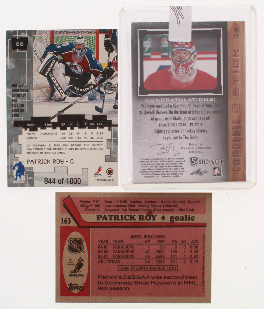 Lot of (10) Patrick Roy Hockey Cards with 1987-88 Topps #163, 1999-00 BAP Millennium Ruby #66, 2015-16 ITG Stickwork Complete Stick Silver #CS08 at PristineAuction.com Lot of (10) Patrick Roy Hockey Cards with 1987-88 Topps #163, 1999-00 BAP Millennium Ruby #66, 2015-16 ITG Stickwork Complete Stick Silver #CS08 at PristineAuction.com