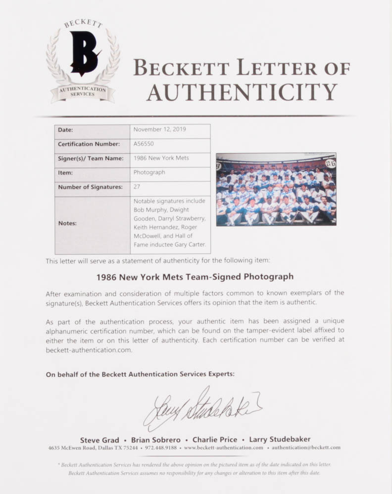 1986 New York Mets 15x20 Photo Signed by (27) with Bob Murphy, Dwight Gooden, Darryl Strawberry, Keith Hernandez, Roger McDowell, Gary Carter (Beckett LOA) at PristineAuction.com 1986 New York Mets 15x20 Photo Signed by (27) with Bob Murphy, Dwight Gooden, Darryl Strawberry, Keith Hernandez, Roger McDowell, Gary Carter (Beckett LOA) at PristineAuction.com
