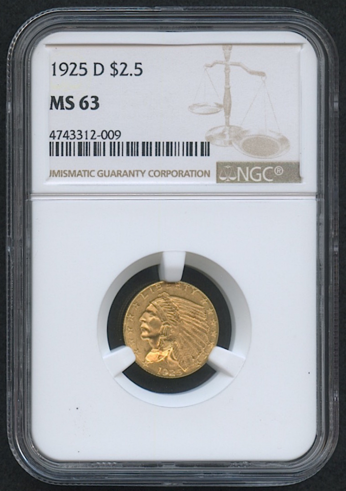 1925-D $2.50 Indian Quarter Eagle Gold Coin (NGC MS 63) at PristineAuction.com 1925-D $2.50 Indian Quarter Eagle Gold Coin (NGC MS 63) at PristineAuction.com