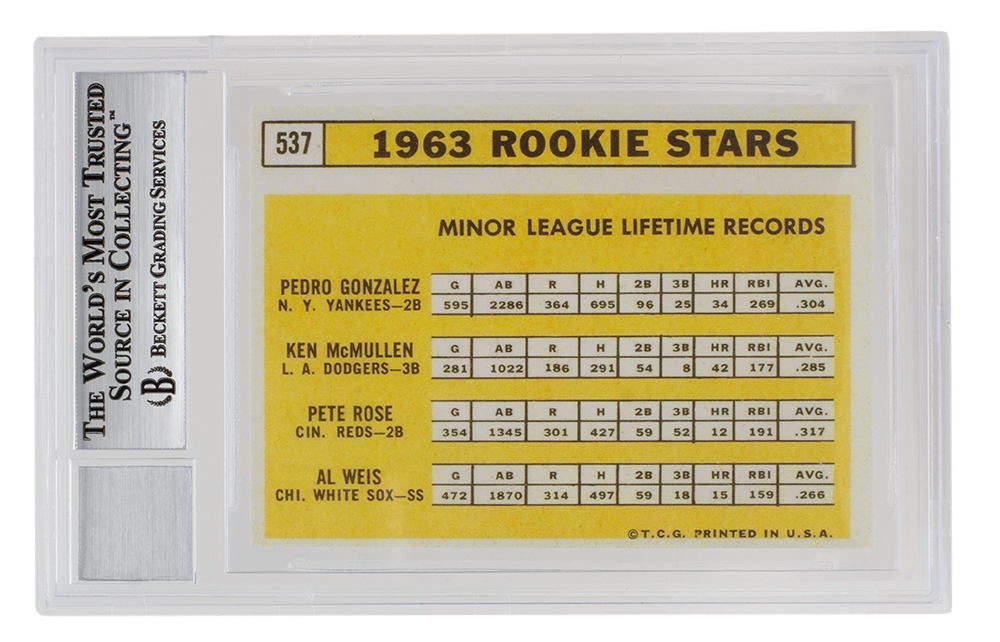 Pete Rose Signed 1963 Topps #537 Rookie Stars RC Reprint (BGS Encapsulated) at PristineAuction.com Pete Rose Signed 1963 Topps #537 Rookie Stars RC Reprint (BGS Encapsulated) at PristineAuction.com