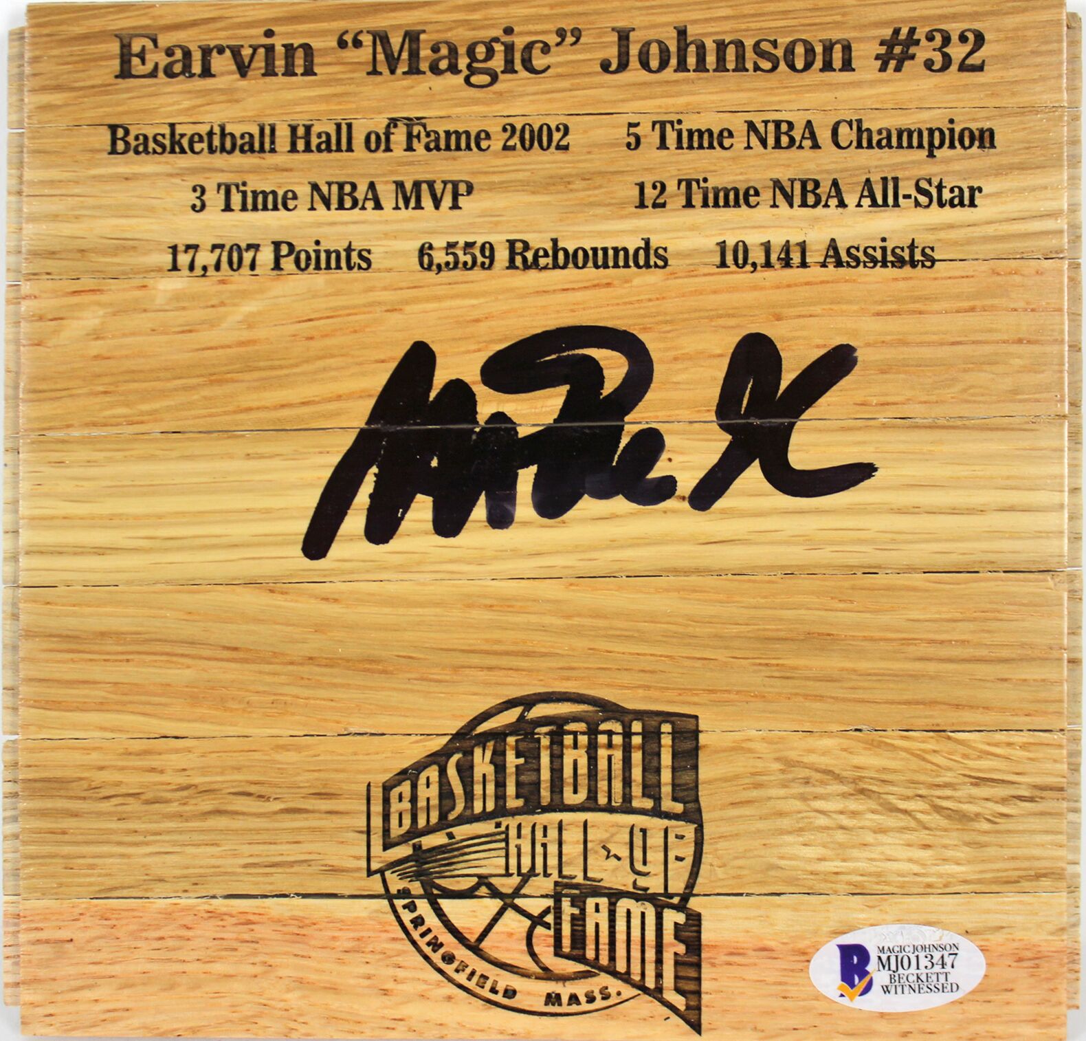 Magic Johnson Signed 6x6 Custom Engraved Wood Floorboard Piece (Beckett COA) at PristineAuction.com Magic Johnson Signed 6x6 Custom Engraved Wood Floorboard Piece (Beckett COA) at PristineAuction.com