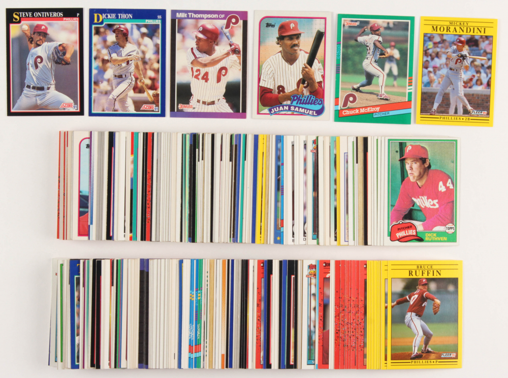 Lot of (299) Assorted Baseball Cards with 1991 Fleer #407 Mickey Morandini, 1989 Topps #575 Juan Samuel, 1991 Donruss #709 Chuck McElroy, 1989 Donruss #313 Milt Thompson, 1991 Score #832 Steve Ontiveros