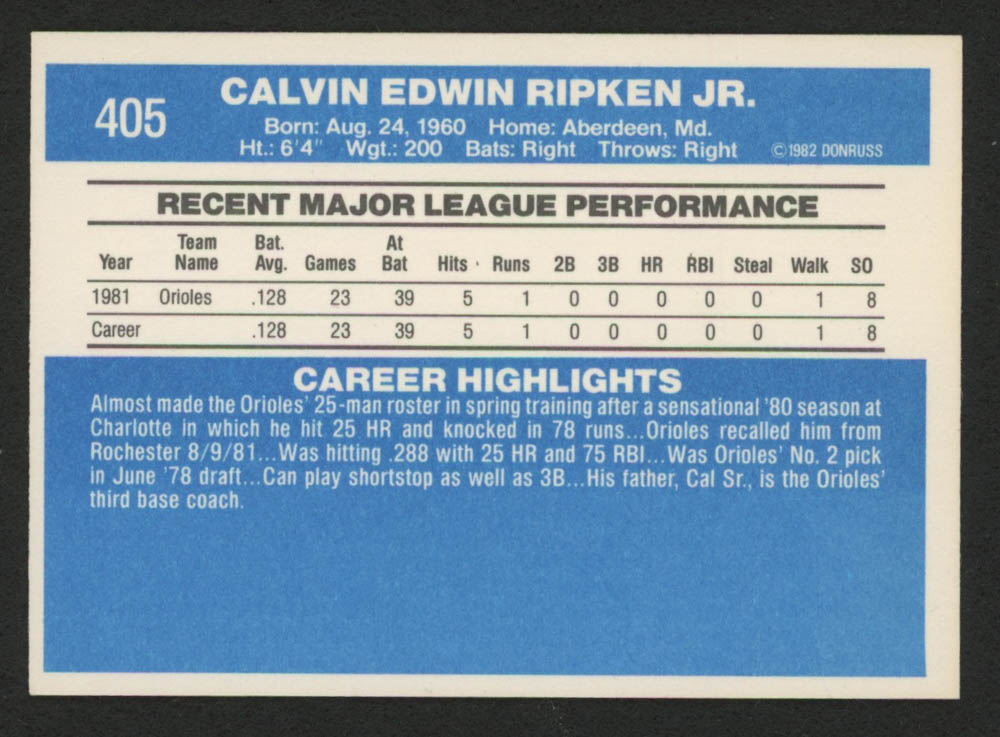 Cal Ripken Jr. 1982 Donruss #405 RC | Pristine Auction