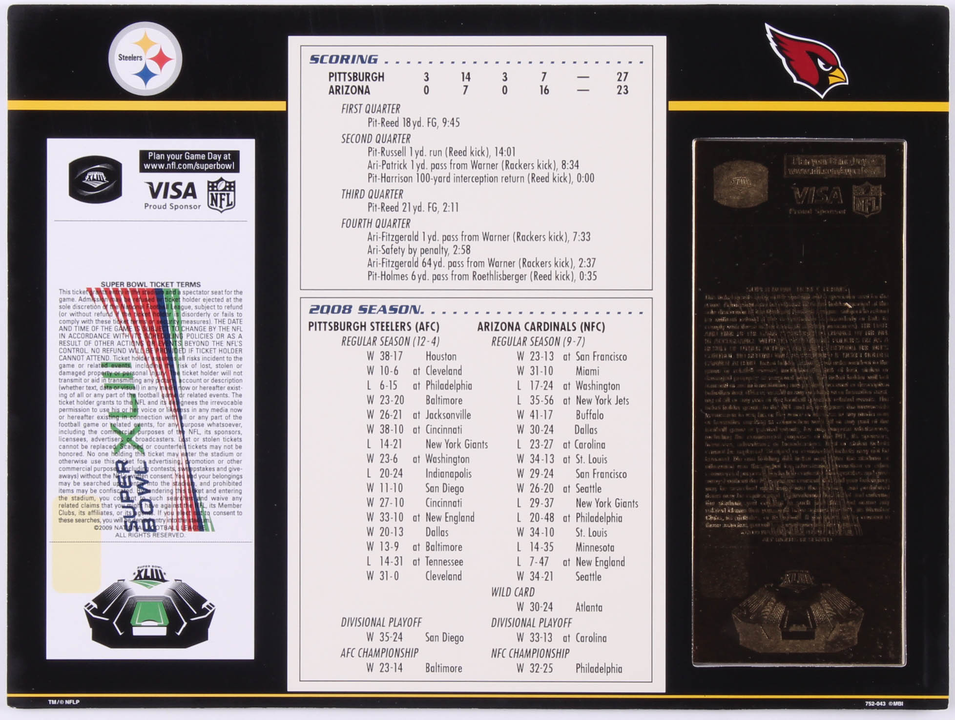 Pittsburgh Steelers Super Bowl XLIII Champions Commemorative Score Card with 23kt Gold Ticket at PristineAuction.com Pittsburgh Steelers Super Bowl XLIII Champions Commemorative Score Card with 23kt Gold Ticket at PristineAuction.com