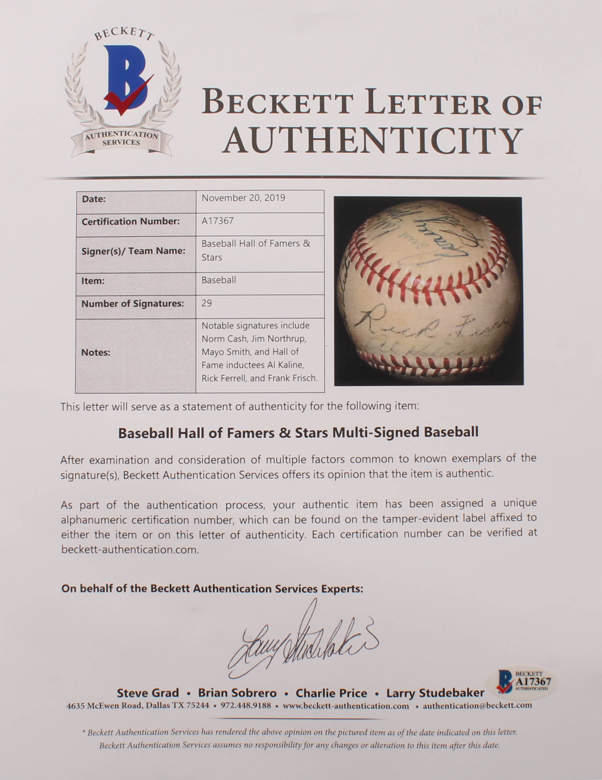 Stars & Hall Of Famers ONL Baseball Signed by (13) with Al Kaline, Rick Ferrell, Frank Frisch, Norm Cash (Beckett LOA) at PristineAuction.com Stars & Hall Of Famers ONL Baseball Signed by (13) with Al Kaline, Rick Ferrell, Frank Frisch, Norm Cash (Beckett LOA) at PristineAuction.com
